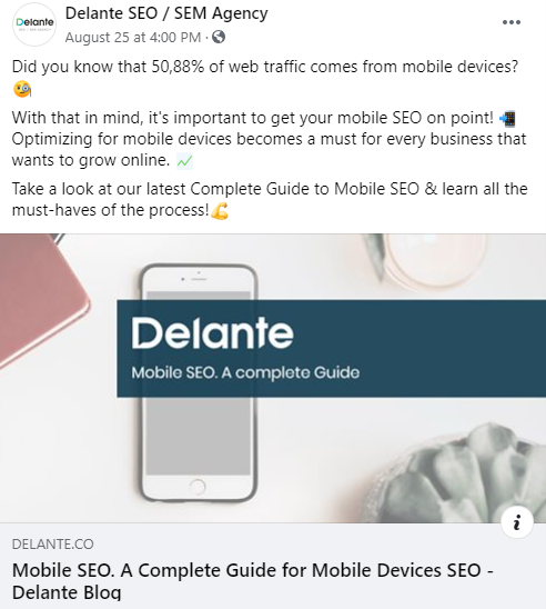 Screenshot from Delante Facebook profile - how to promote the blog on social media