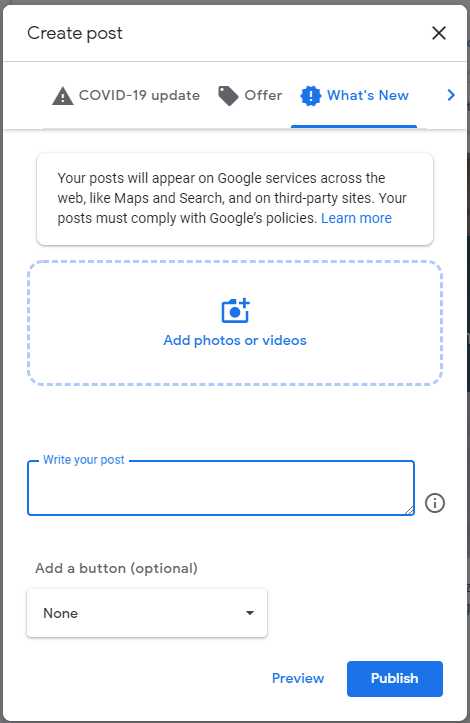adding what's new post on google my business