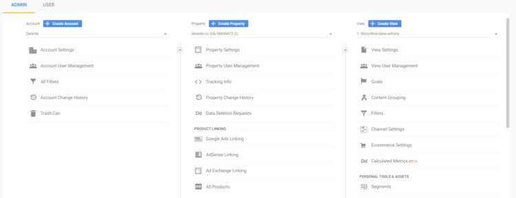 Google Analytics - admin page 