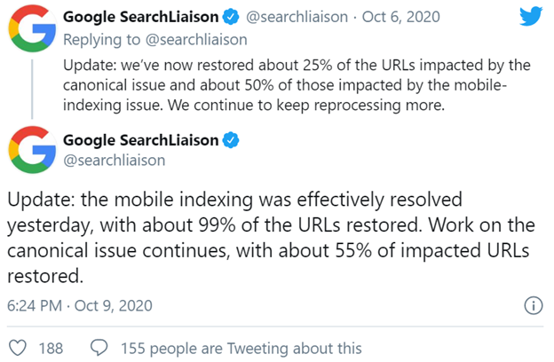Google Tweet about fixing the indexing bug 