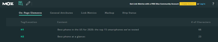 screen capture of a MozBar showing website headings