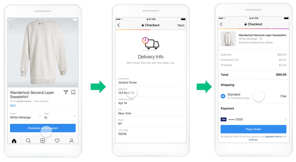 Screenshot with visualization of Instagram Checkout purchase process within the App