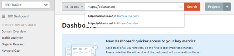 Entering your domain name in the Search bar. 