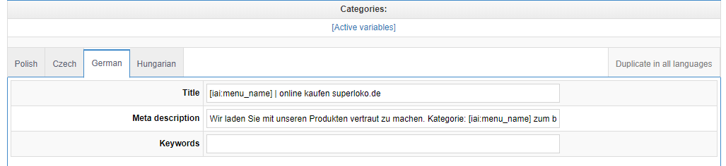 Meta data in CMS for categories