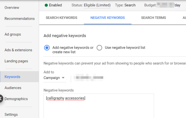 Negative keywords in Google Ads