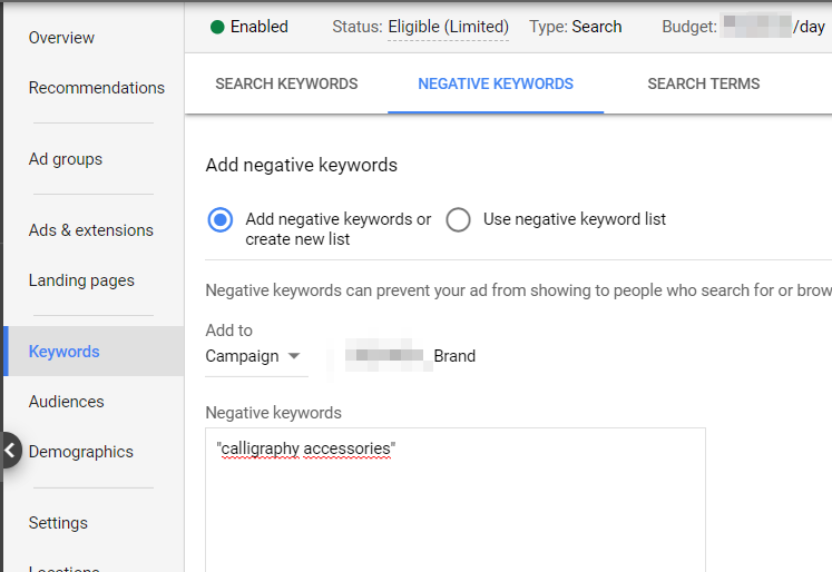 Negative keywords
