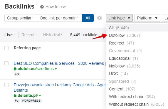 Off-page SEO - how to check the number of do and nofollow links on the site in Ahrefs tool 