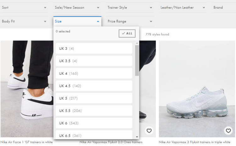 E-Commerce - filetring producs by size