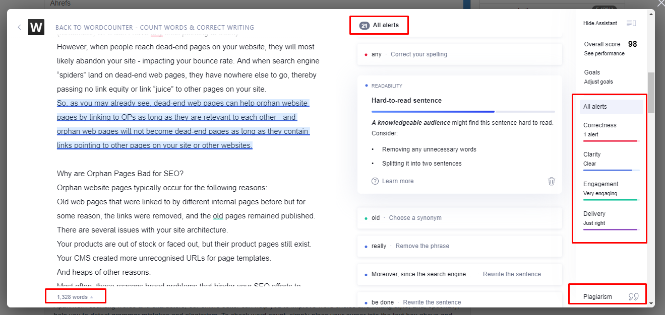 a screenshot of Grammarly - a writing analysis tool